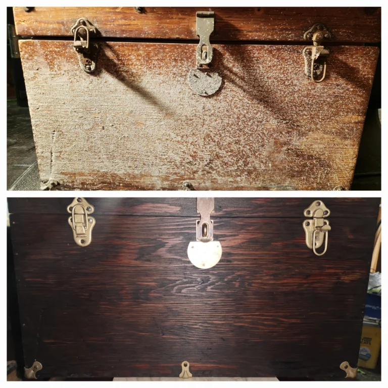 before photo of wooden chest with rusty hinges and white paint on top of after photo of shiny hardware and a dark stain