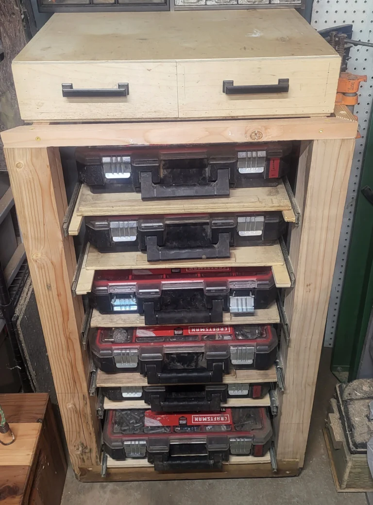wooden shelves with toolbox